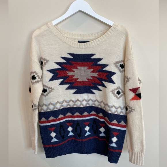 American Eagle Aztec Western Wool Blend Sweater Scoop Neck Medium - Picture 1 of 6